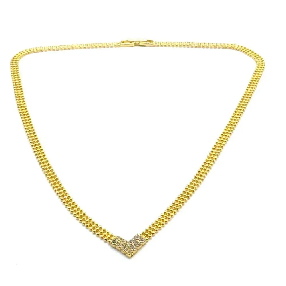 V Shaped Crystal Center Triple Row Delicate Round Gold-tone Beaded Necklace